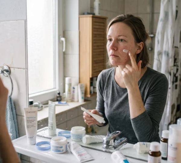 Une femme au teint réactif applique une petite quantité de crème sans parfum sur sa joue devant le miroir de sa salle de bain, entourée de plusieurs soins entamés.