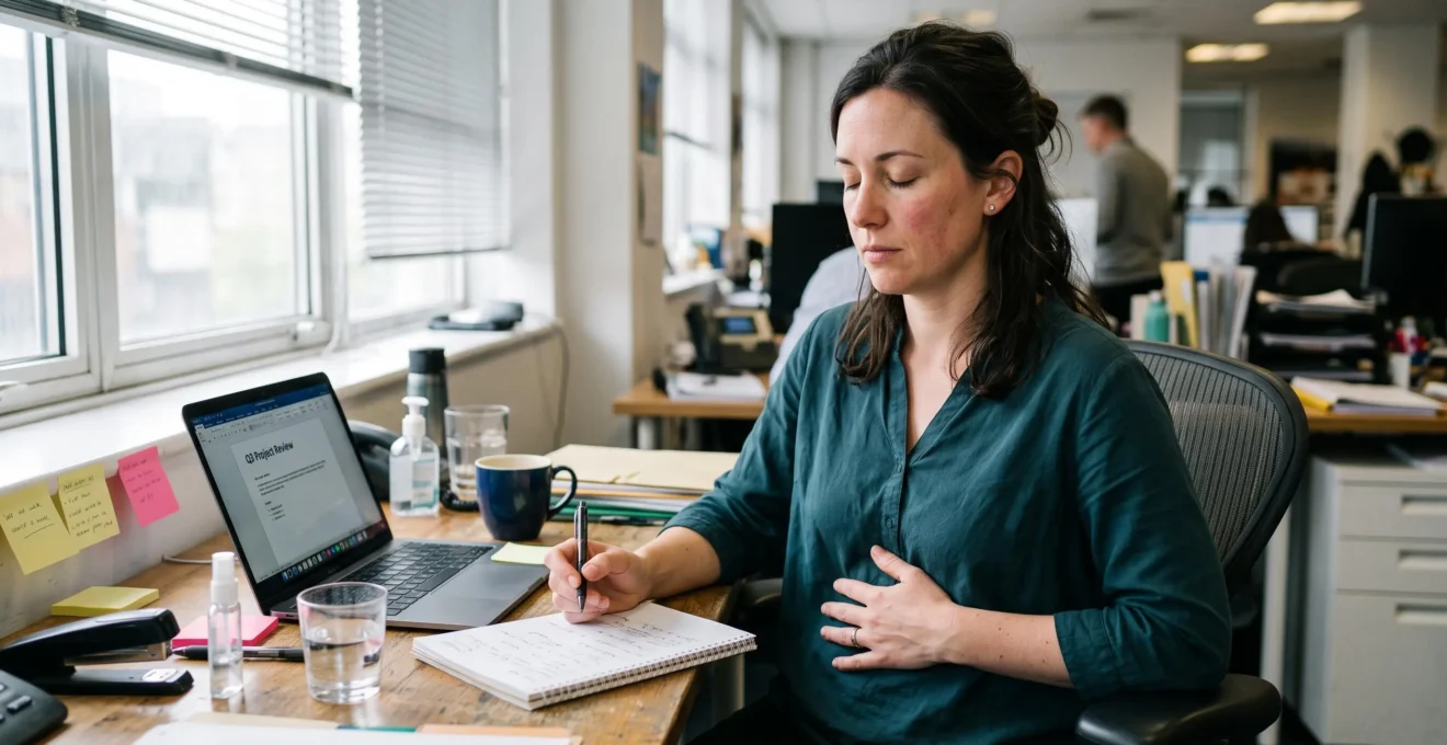 Une femme assise à son bureau, une main posée sur le ventre, pratique une respiration lente après une réunion de travail tendue.