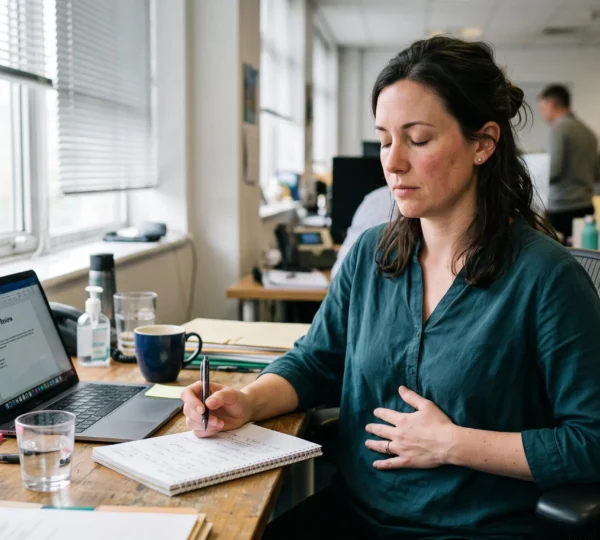 Une femme assise à son bureau, une main posée sur le ventre, pratique une respiration lente après une réunion de travail tendue.