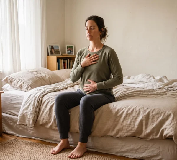 Une femme assise au bord de son lit pratique la respiration ventrale, une main posée sur le ventre et l'autre sur la poitrine, dans une chambre baignée de lumière matinale.