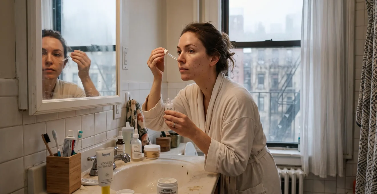 Une femme applique un sérum antioxydant sur sa joue devant le miroir d'une salle de bain urbaine, avec des produits de protection solaire posés sur le lavabo.