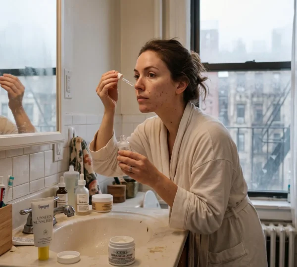 Une femme applique un sérum antioxydant sur sa joue devant le miroir d'une salle de bain urbaine, avec des produits de protection solaire posés sur le lavabo.