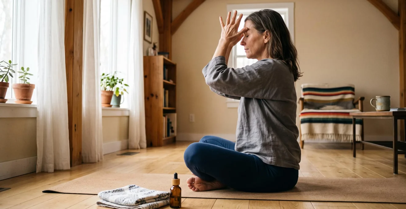 Une femme d'âge mûr assise en tailleur sur un tapis pratique un exercice de lissage frontal avec ses paumes posées sur le front dans un salon éclairé par la lumière du matin.