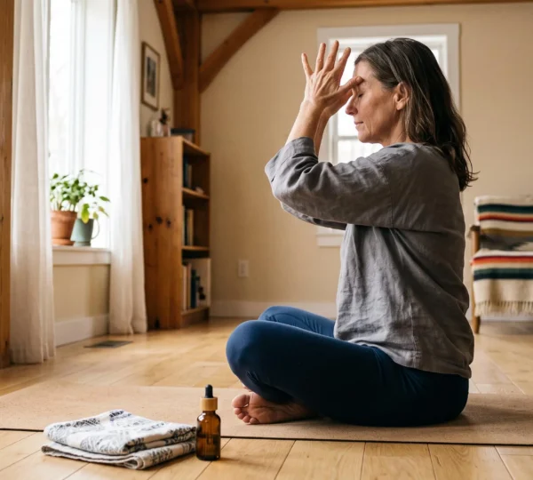 Une femme d'âge mûr assise en tailleur sur un tapis pratique un exercice de lissage frontal avec ses paumes posées sur le front dans un salon éclairé par la lumière du matin.