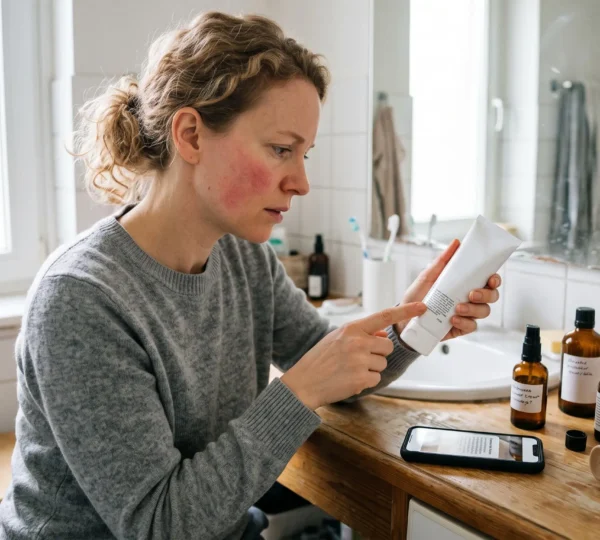 Une femme examine la liste d'ingrédients d'un tube de crème cosmétique à côté d'autres produits dans sa salle de bain.