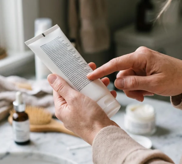 Une femme lit la liste des ingrédients au dos d'un tube de crème cosmétique en pointant une ligne du dos