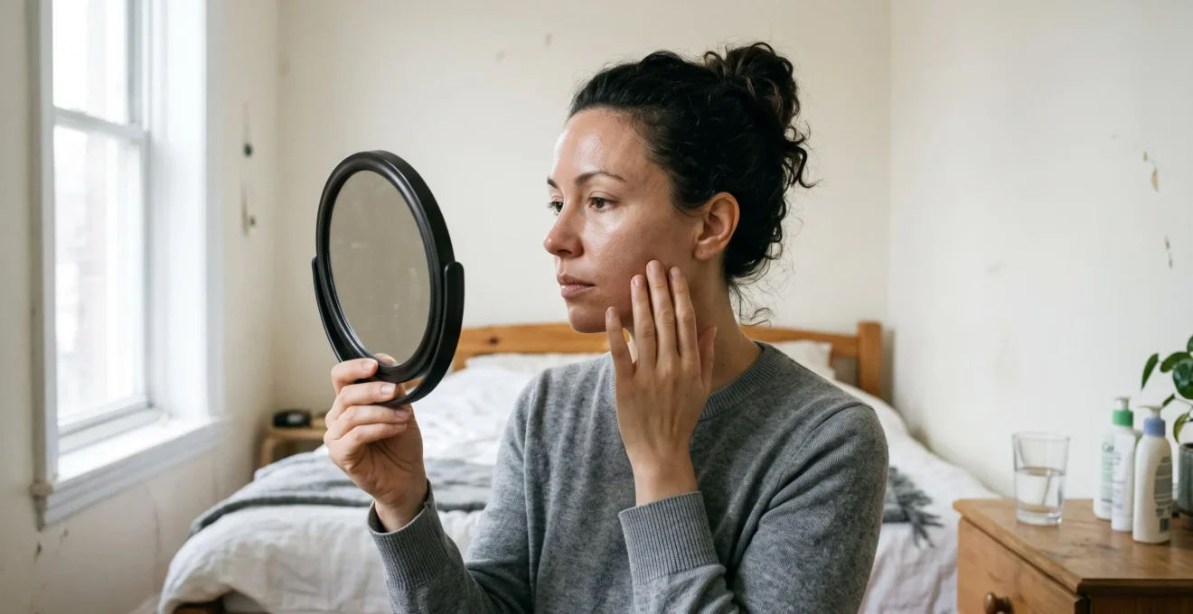 Une femme au visage nu observe sa peau dans un miroir près d'une fenêtre, en lumière naturelle du matin, et touche sa joue du bout des doigts.