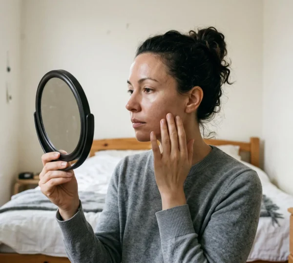Une femme au visage nu observe sa peau dans un miroir près d'une fenêtre, en lumière naturelle du matin, et touche sa joue du bout des doigts.