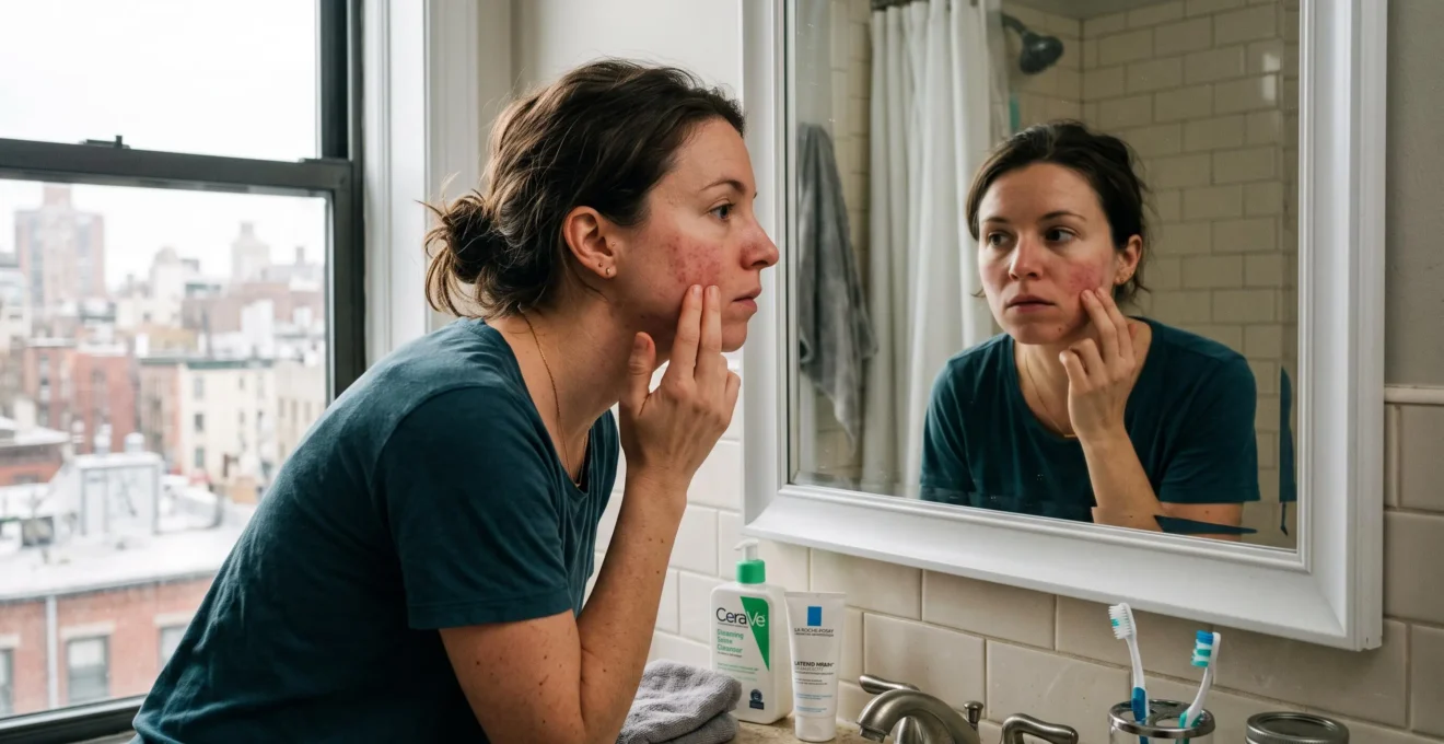 Une femme examine les rougeurs sur sa joue devant le miroir de sa salle de bain, avec une vue sur des immeubles urbains par la fenêtre.