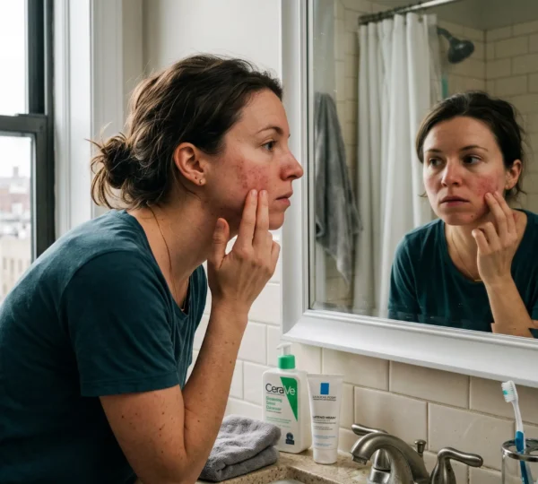 Une femme examine les rougeurs sur sa joue devant le miroir de sa salle de bain, avec une vue sur des immeubles urbains par la fenêtre.