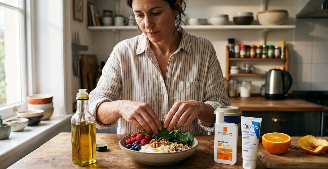 Une femme prépare dans sa cuisine un petit-déjeuner composé de fruits colorés, de légumes verts et de noix, à côté de soins de la peau.