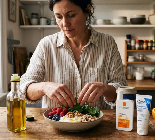 Une femme prépare dans sa cuisine un petit-déjeuner composé de fruits colorés, de légumes verts et de noix, à côté de soins de la peau.