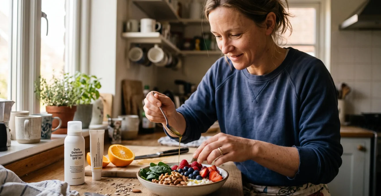 Une femme prépare dans sa cuisine un petit-déjeuner composé de fruits colorés, de légumes verts et de noix, à côté de soins de la peau.