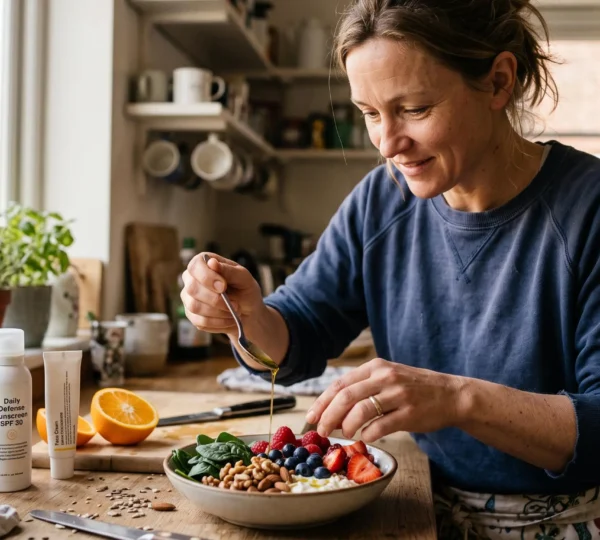 Une femme prépare dans sa cuisine un petit-déjeuner composé de fruits colorés, de légumes verts et de noix, à côté de soins de la peau.