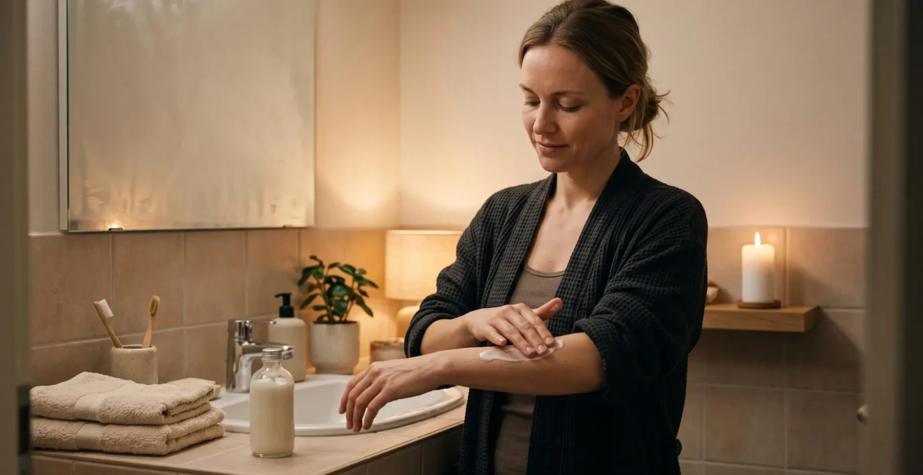 Une femme applique une crème hydratante sur son bras dans une salle de bain faiblement éclairée en soirée, à côté d'une bougie allumée.