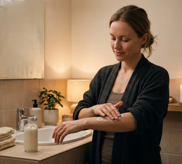 Une femme applique une crème hydratante sur son bras dans une salle de bain faiblement éclairée en soirée, à côté d'une bougie allumée.