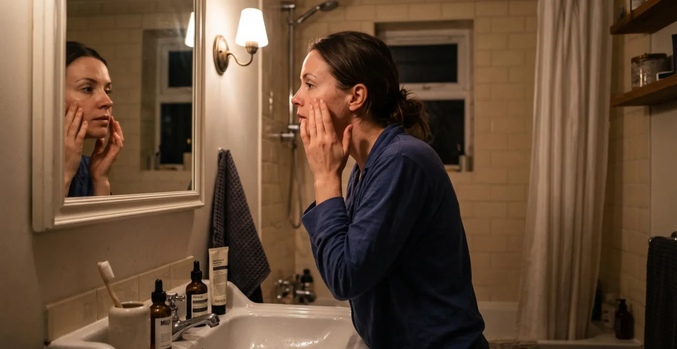 Une femme applique un sérum facial du bout des doigts devant son miroir dans une salle de bains aux lumières baissées, au moment de son rituel du soir.