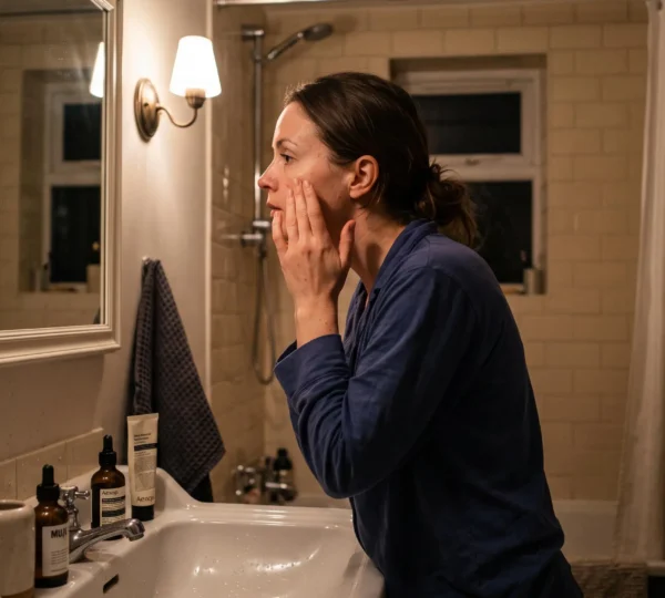 Une femme applique un sérum facial du bout des doigts devant son miroir dans une salle de bains aux lumières baissées, au moment de son rituel du soir.