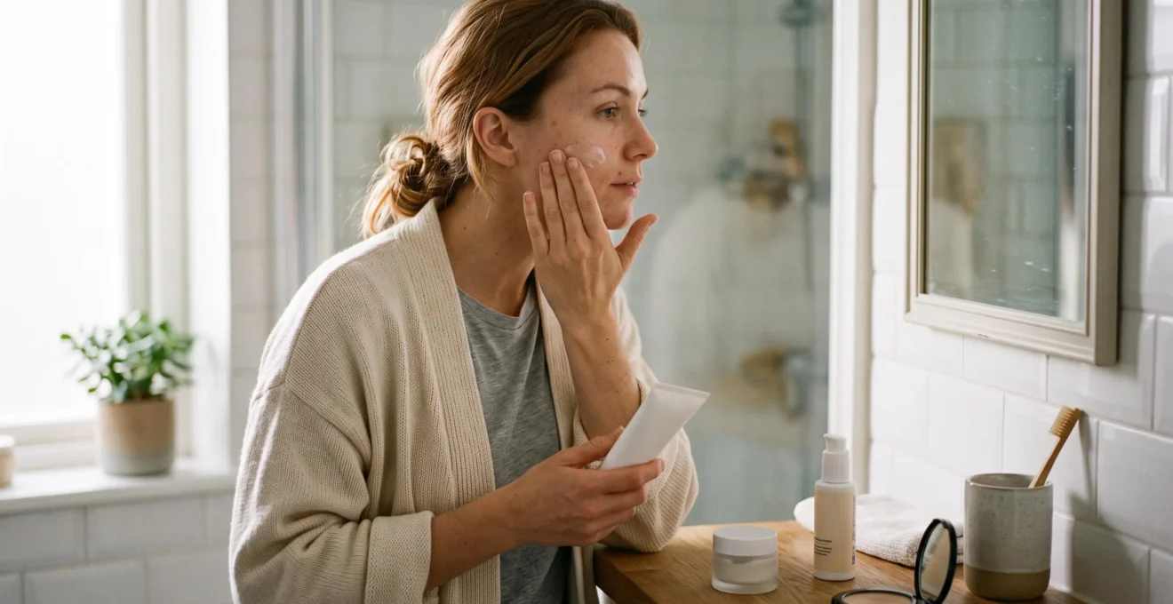 Une femme applique une crème de jour sur sa joue dans une salle de bain éclairée par la lumière du matin, entourée de sa routine de soins simplifiée