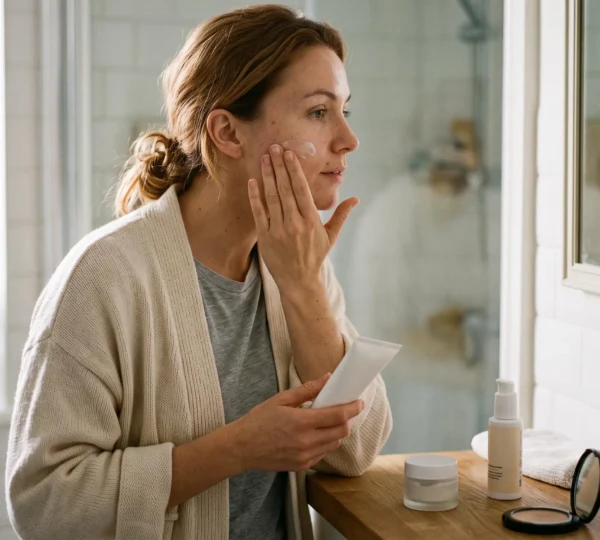 Une femme applique une crème de jour sur sa joue dans une salle de bain éclairée par la lumière du matin, entourée de sa routine de soins simplifiée