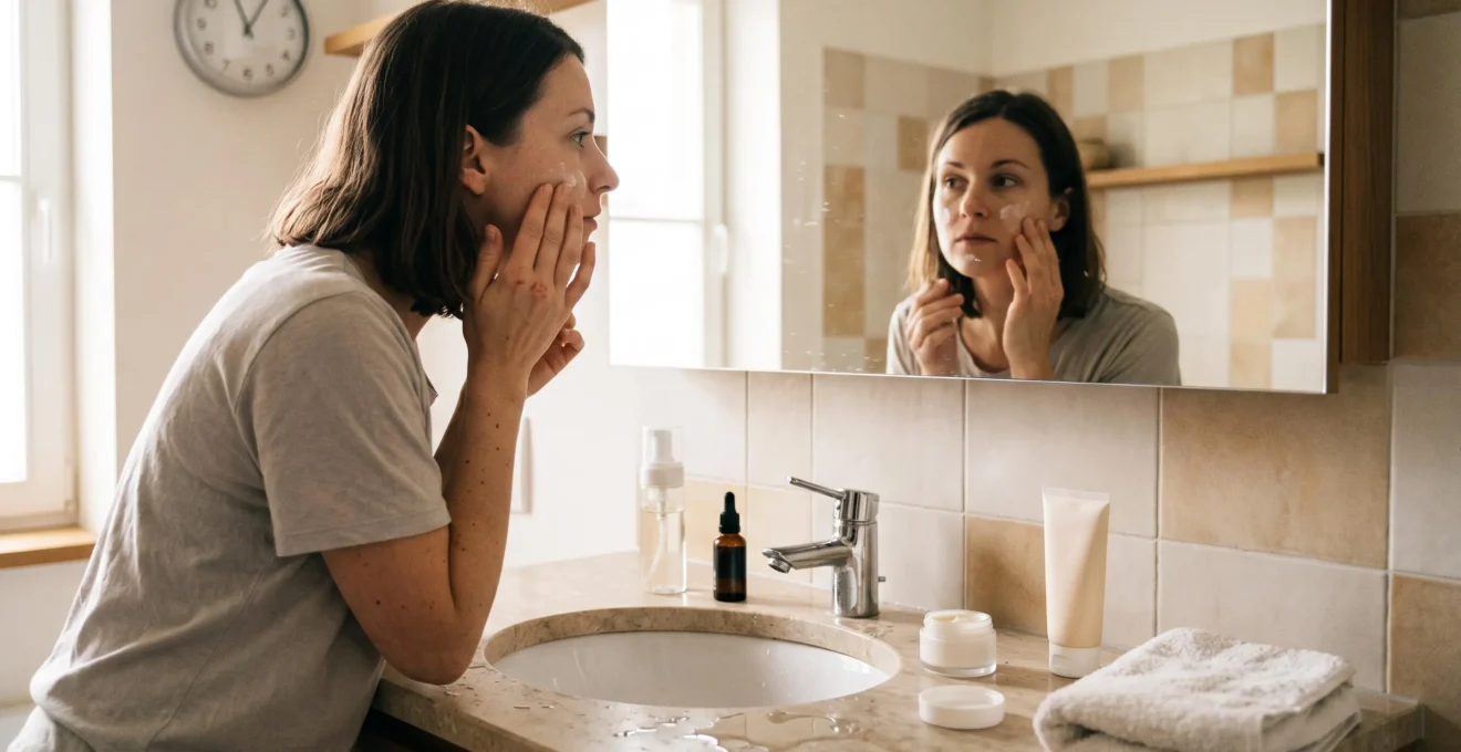 Une femme applique sa crème hydratante du matin devant le miroir de sa salle de bain, avec quelques produits de soin posés autour du lavabo.