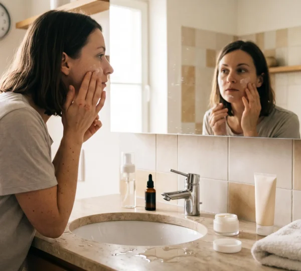 Une femme applique sa crème hydratante du matin devant le miroir de sa salle de bain, avec quelques produits de soin posés autour du lavabo.