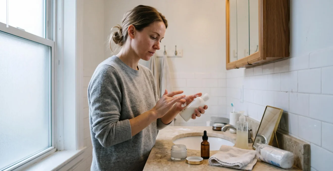 Une femme compare deux textures de nettoyant au-dessus d'un lavabo de salle de bain, avec une crème hydratante et un sérum posés sur le plan de travail.