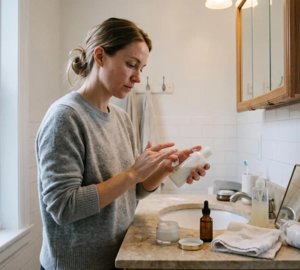 Une femme compare deux textures de nettoyant au-dessus d'un lavabo de salle de bain, avec une crème hydratante et un sérum posés sur le plan de travail.