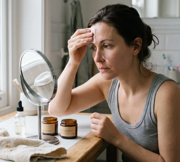 Une femme presse un papier buvard sur son front devant un miroir, avec des pots de soin posés sur le rebord de la salle de bain.