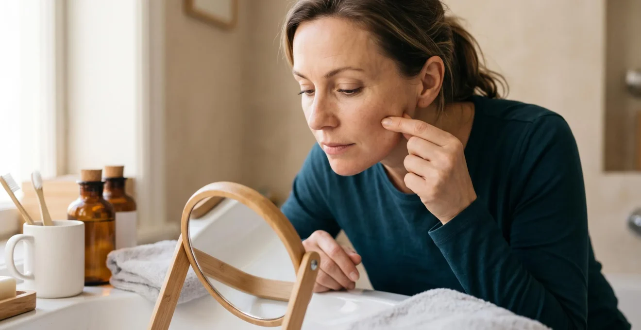 Une femme d'environ 45 ans pince doucement la peau de sa joue devant un miroir posé sur le lavabo pour évaluer la fermeté de sa peau
