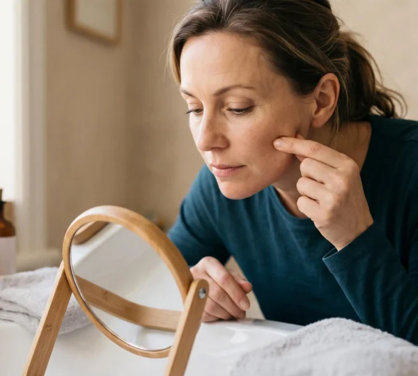 Une femme d'environ 45 ans pince doucement la peau de sa joue devant un miroir posé sur le lavabo pour évaluer la fermeté de sa peau
