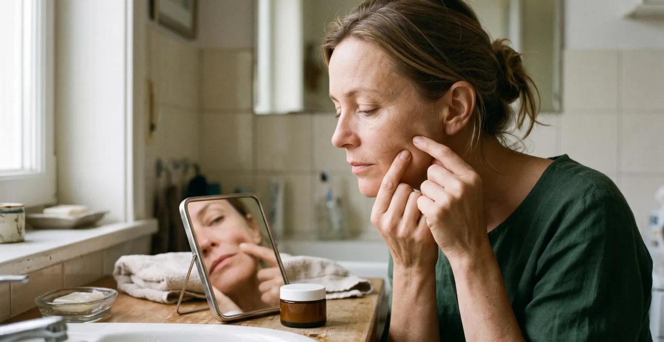 Une femme d'environ 45 ans pince doucement la peau de sa joue devant un miroir posé sur le lavabo pour évaluer la fermeté de sa peau