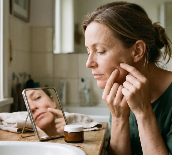 Une femme d'environ 45 ans pince doucement la peau de sa joue devant un miroir posé sur le lavabo pour évaluer la fermeté de sa peau